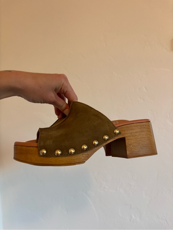 David Tyler Shoes - David Tyler Suede Studded Platform Mules in Olive Size 7